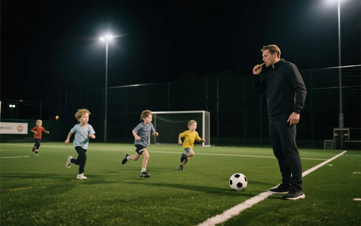 社区小球场的夜间训练：教练吹哨、孩子们奔跑、路灯下的草地