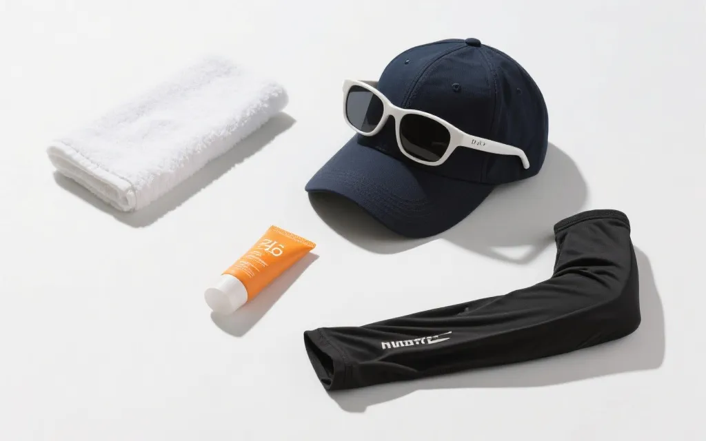 球迷在露天场馆看台上使用帽子、太阳镜与防晒袖套的清爽上镜组合