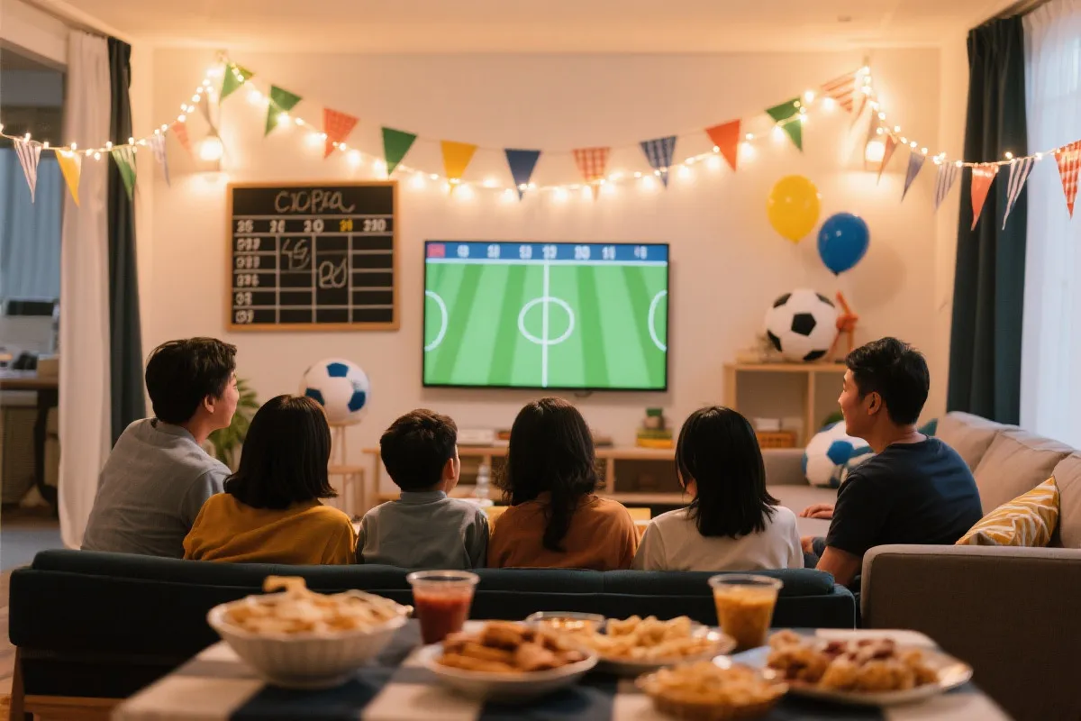 家庭世界杯观赛派对布置：零食桌、手写比分板、简洁拉旗与氛围灯、多人围坐