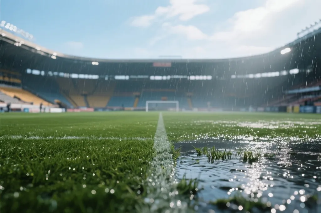 体育场在不同天气下的对比：晴天与雨天，突出风雨对比赛节奏的影响