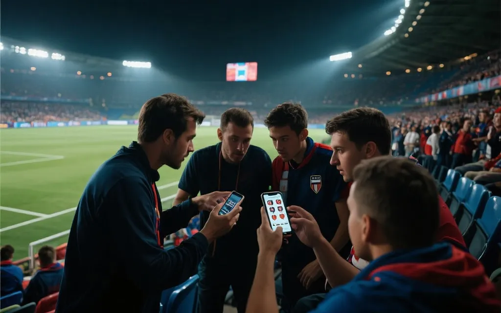 球迷在球场看台上讨论国家队名单，手机上显示数据图表的场景