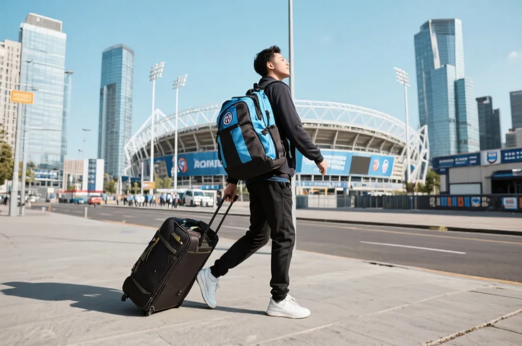 球迷在北美城市间旅行观赛的行李与车票概念图