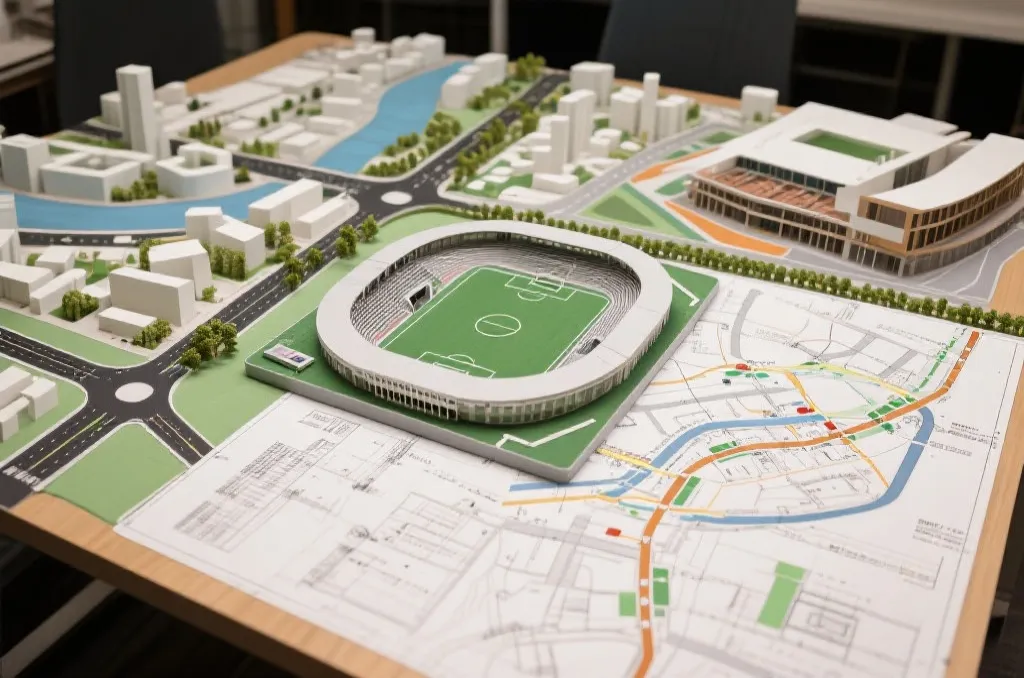 城市规划图与足球场模型摆放在办公桌上，表现赛事遗产与城市升级规划